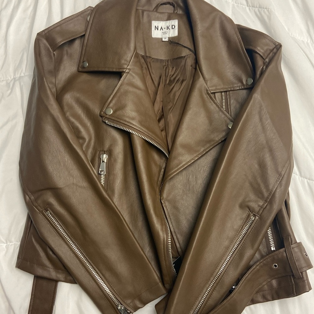 Brown leather biker PU jacket (cropped)
